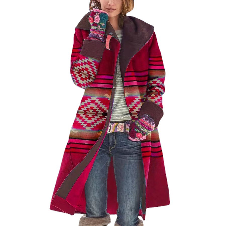 WT1129 Otoño e invierno nueva ropa de mujer de comercio exterior transfronterizo Amazon chaqueta de lana de manga larga estampada de longitud media nuevo estilo
