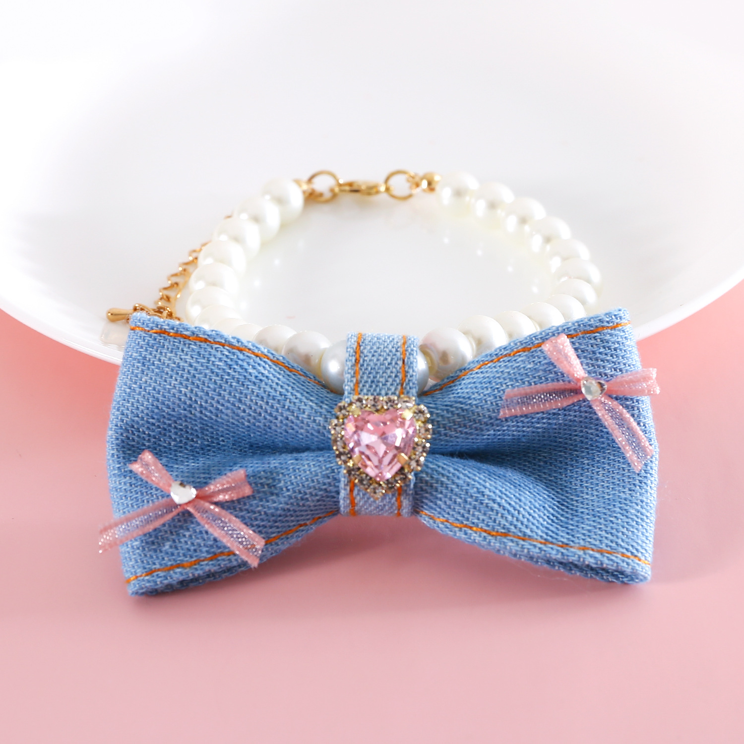 Perla de mascota collar de vaqueros princesa viento amor gemas diamante arco de cumpleaños alemán gato que oso collar