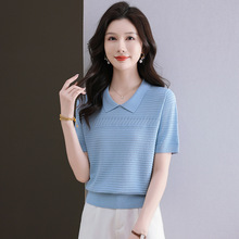 品牌女装夏季新款短袖翻领减龄针织衫上衣高端显瘦纯色冰丝女T恤