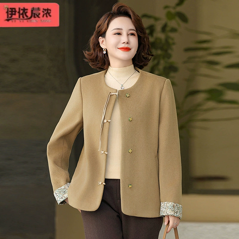 50-летняя мама в осенней одежде Новый китайский темпераментный пальто модный средний и пожилой женский короткий с круглым вырезом шерстяной топ женский