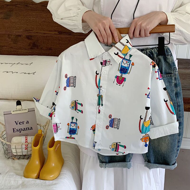 Boys Cartoon Shirt 2025 Spring New Children's Casual Robot Full Print Cardigan Handsome Fashion Top Trendy