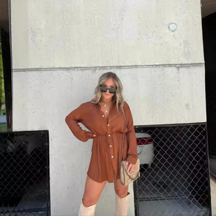 2024 European and American Cross-Border Autum New Women's Clothing Independent Station Aliexpress Fashion Pure Color Long-Sleeved Shirt Jumpsuit