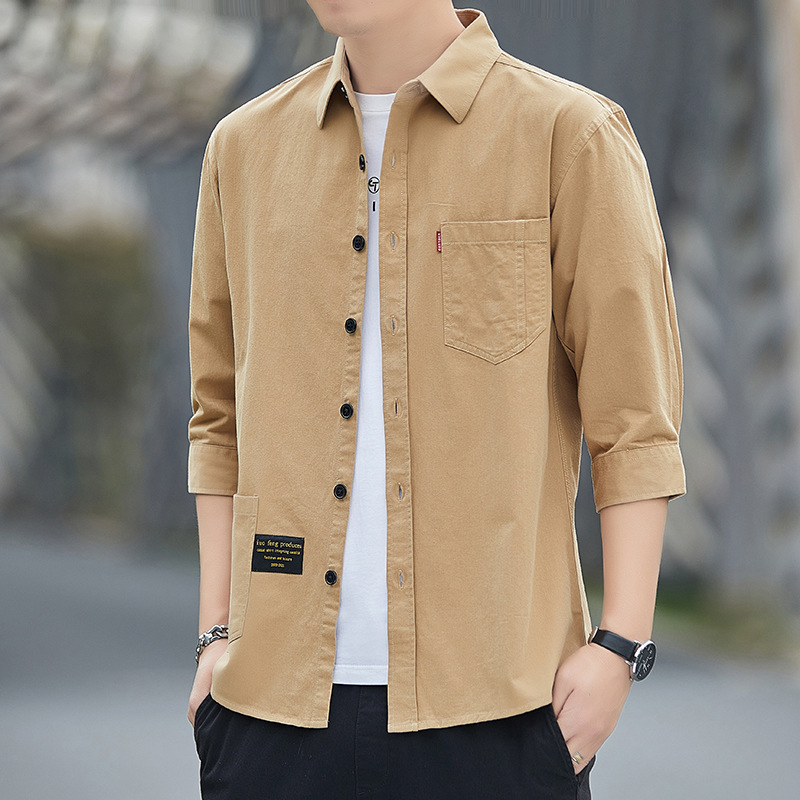 Primavera estilo Hong Kong camisa de trabajo de color sólido manga tres cuartos para hombre chaqueta hermosa camisa casual de moda