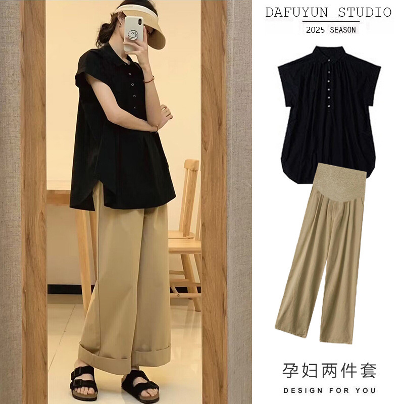 Wide Leg Pants Maternity 2025 Summer suit Loose Top Shirt Casual Abdominal Pants