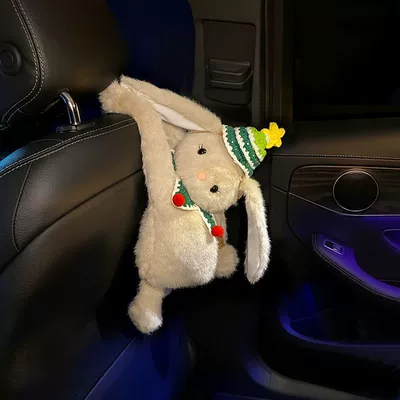 Cute plush toy car tissue box, car interior decoration tissue holder, car-mounted long-eared rabbit tissue bag, hanging type (Car tissue box/set) - christmas-star-hat-long-eared-rabbit-tissue-box