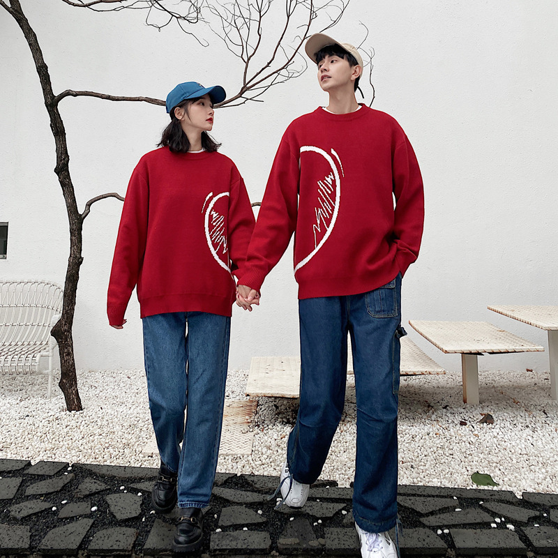 Real shot spot 2020 Couples dress sweater love Mosaic Socket Autumn and winter Easy Sweater