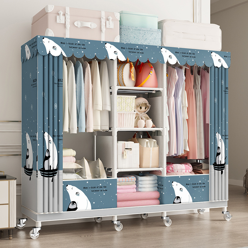 Cremallera completamente cerrado armario de tela simple tubo de acero reforzado en negrita espesado marco de acero completo gabinete de tela de almacenamiento en casa con ruedas