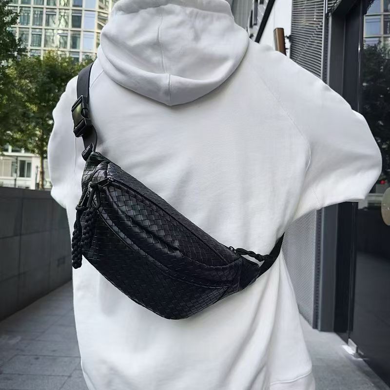 Crossbody Bag New Texture Trendy Casual Men's Waist Bag European and American Style Woven Crossbody Chest Bag Black Pu Chest Bag