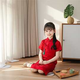 女童旗袍夏红色旗开得胜送考儿童中国风新款生日小女孩中式连衣裙