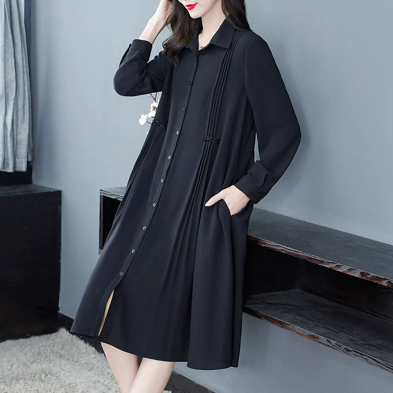 Осенне-зимнее свободное платье в стиле ретро с пряжкой, элегантное платье миди с отворотом, скрывающее живот, для мам среднего и пожилого возраста