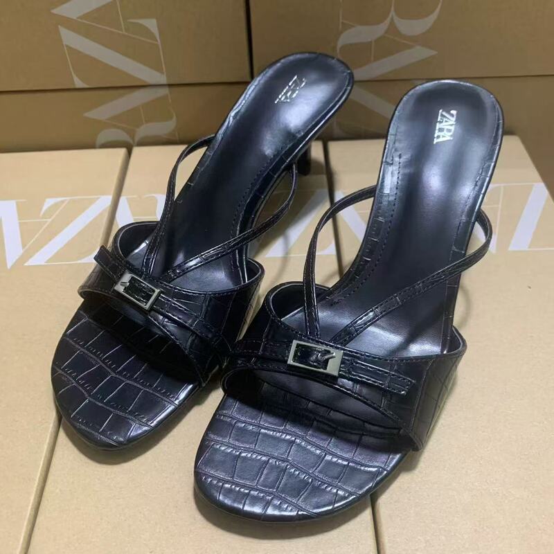 Zar Summer New Women's Shoes Black Crocodile Pattern Square Toe Buckle Embossed One-Line Hollow Stiletto Sandals
