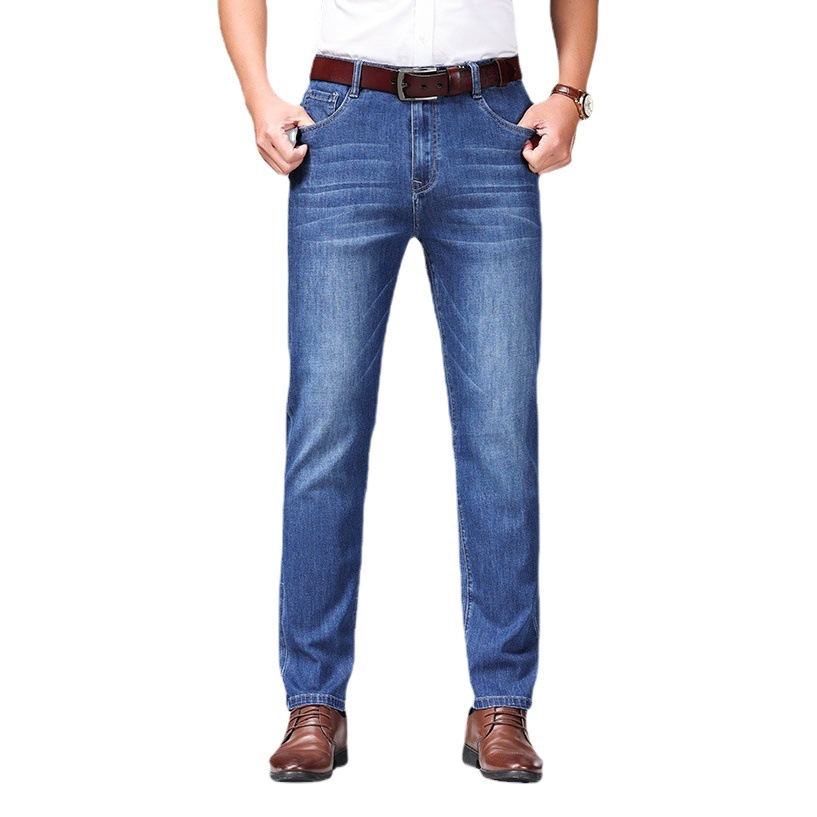 Cuatro Estaciones Nueva jeans stretch algodón regular transpirable simple hombres de negocios alta cintura suelta pantalones mezclilla recta