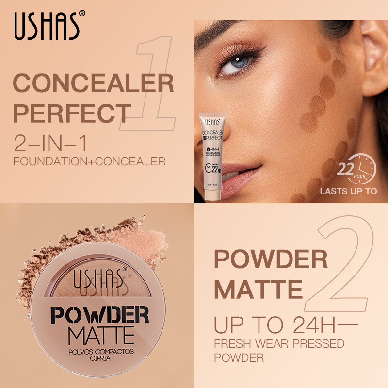 USHAS Cross-border spot maquillaje en polvo base líquida juego de combinación impermeable sin maquillaje para iluminar el tono de la piel Amazon