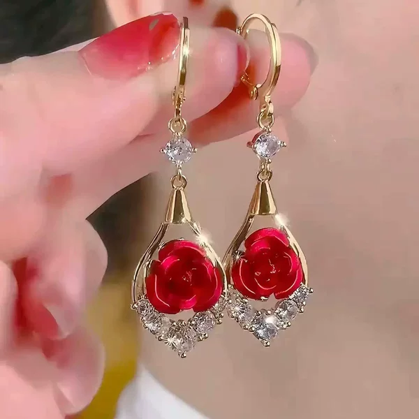 Red Rose Earrings 2025 New Hot Style Accessible Luxury High-End Flash Diamond Earrings Earrings Fashionable Elegant Earrings