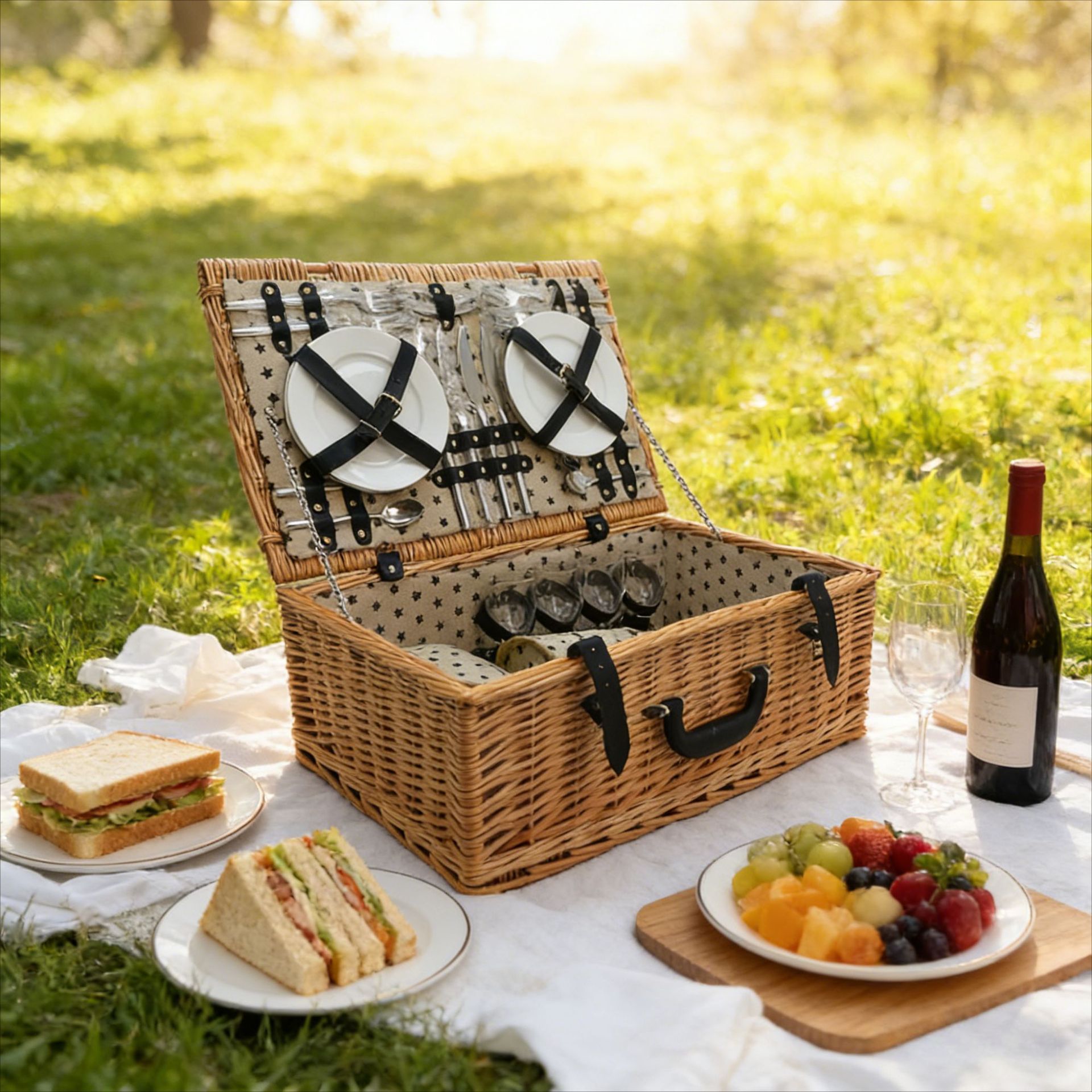 2025 nuevos fabricantes de cestas de picnic de sauce para 4 personas grandes cestas de comidas simples en blanco y negro