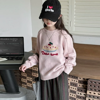 女童抗起球毛衣秋冬加绒加厚新款水果提花圆领套头上衣针织衫童装