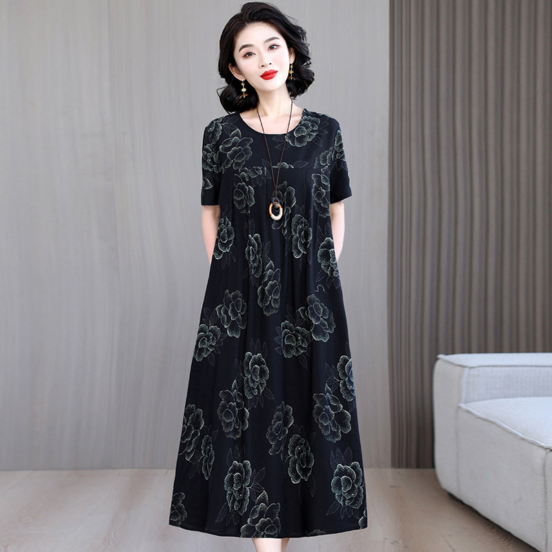 New Summer Clothing, Skin-Friendly Cotton Silk Dress, Middle-Aged and Elderly Mother's Clothing, Plus Size Loose Rayon Dress