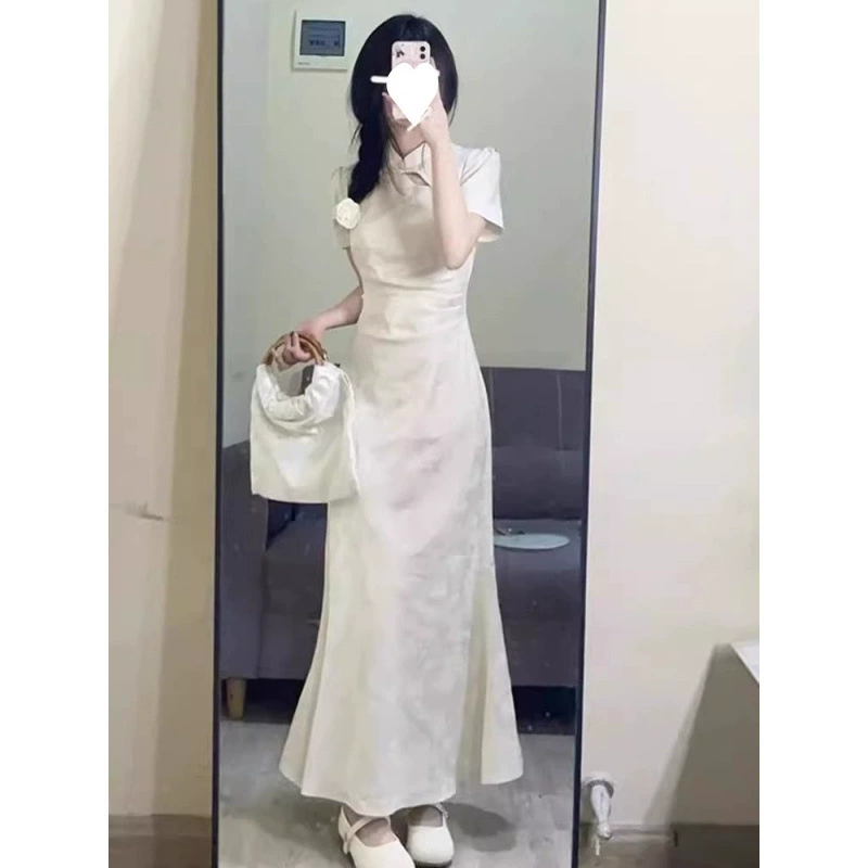 Новое улучшенное белое платье Cheongsam в китайском стиле для женщин, летняя новая стильная длинная юбка с рыбьим хвостом для похудения с маленькой талией