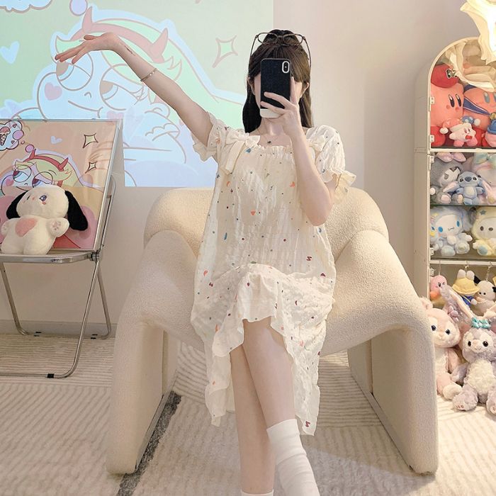 Pijamas transfronterizos al por mayor con almohadillas para el pecho para mujeres verano nuevo estilo de espuma camisón de manga corta ropa para el hogar ropa exterior dulce y linda