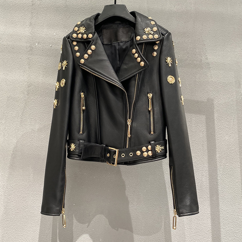 2023 Spring and Autumn new leather jacket heavy-duty rivet women's sheepskin Rivet motorcycle leather jacket slim-fit short coat