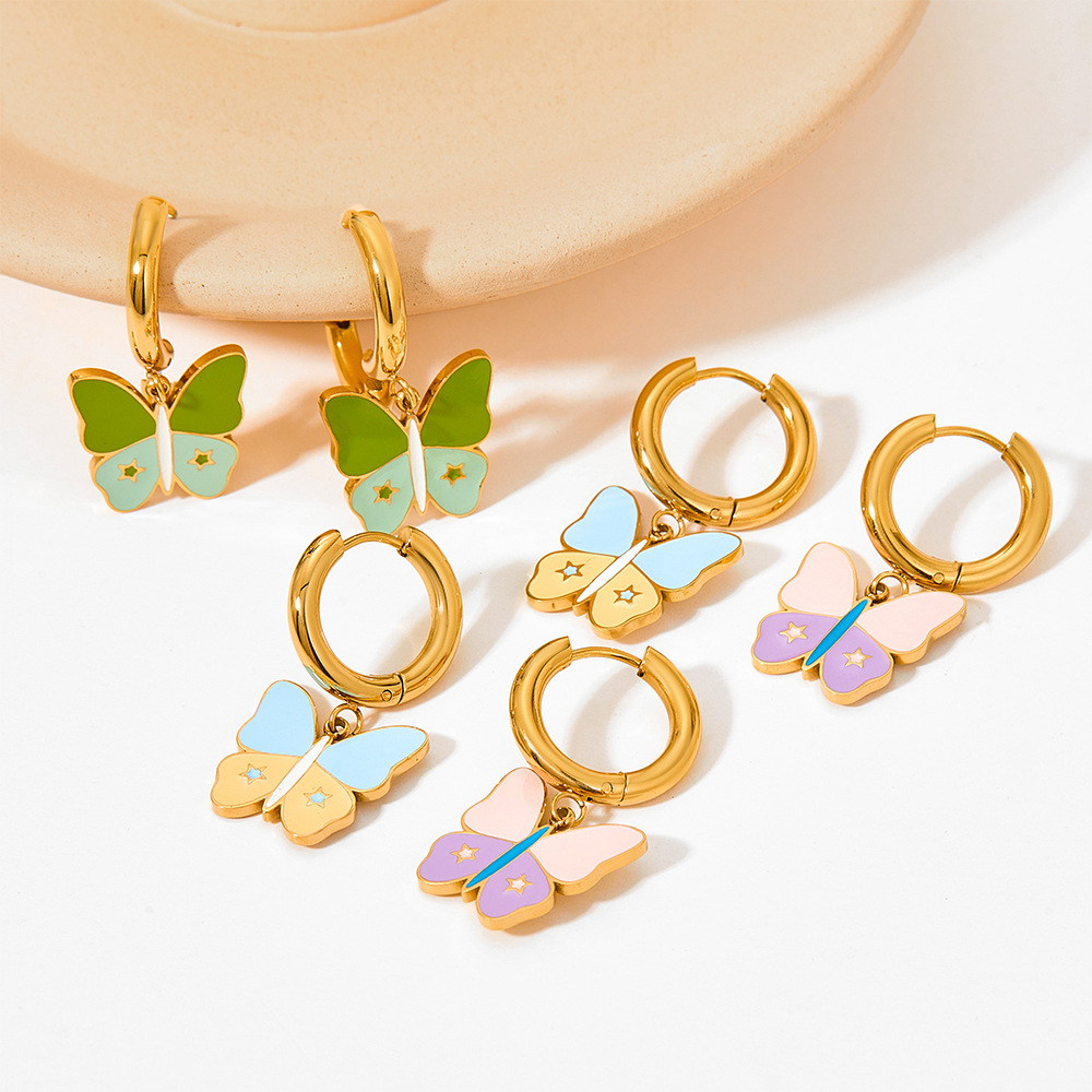 Retro Butterfly Stainless Steel Enamel Drop Earrings 1 Pair