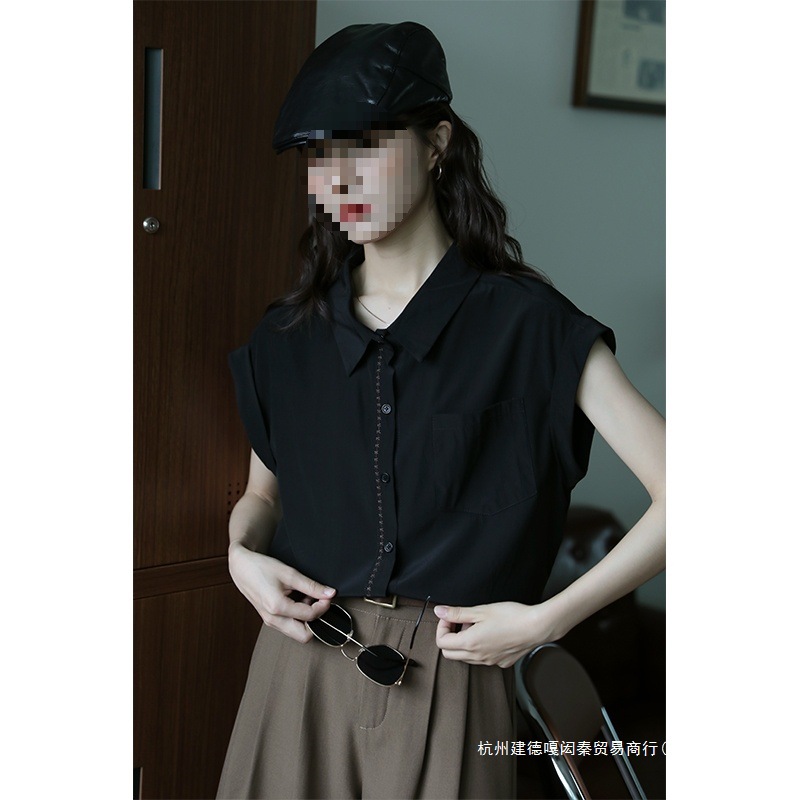 江黑色线装饰简约复古设计感短袖衬衫女宽松夏季新款气质韩版衬上