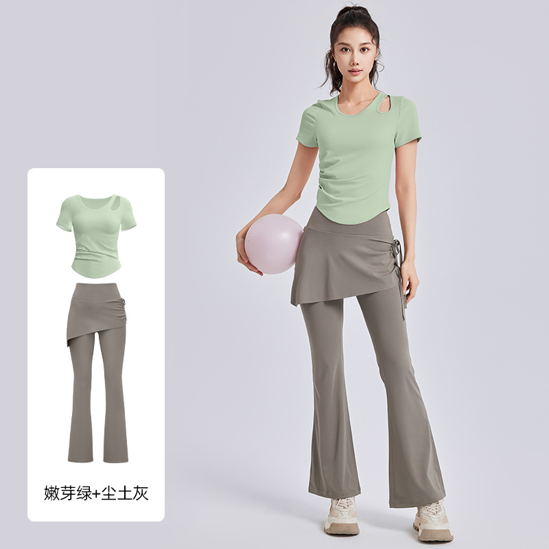 Juyitang Ropa de yoga hueca Camisa deportiva delgada de manga corta para mujer Traje de fitness de Pilates de entrenamiento para correr