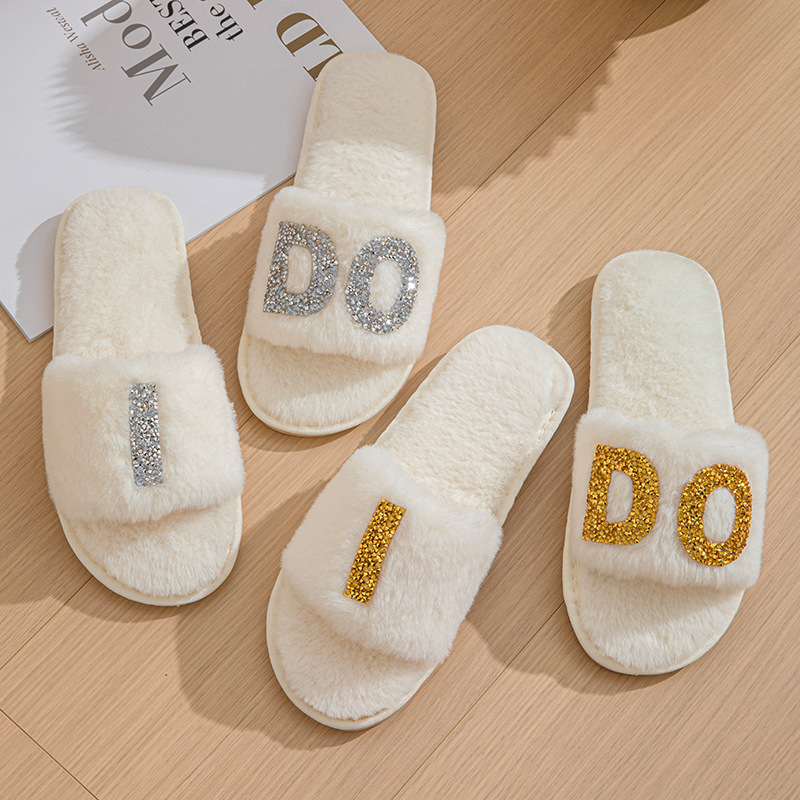 Plush slippers women IDO pearl wedding bachelor party fluffy slippers cross-border bridal cross-cotton slippers explosions