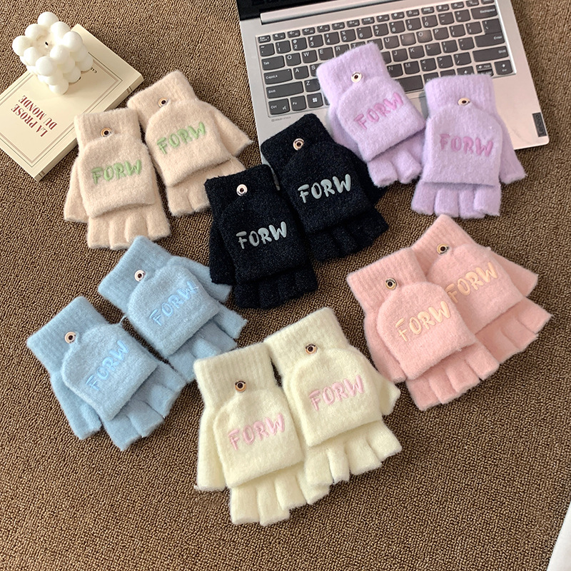 따뜻하고 차가움 방지 학생용 반 손가락 플립 장갑 겨울용 한국식 장갑 귀여운 손가락 없는 울 플러스 벨벳