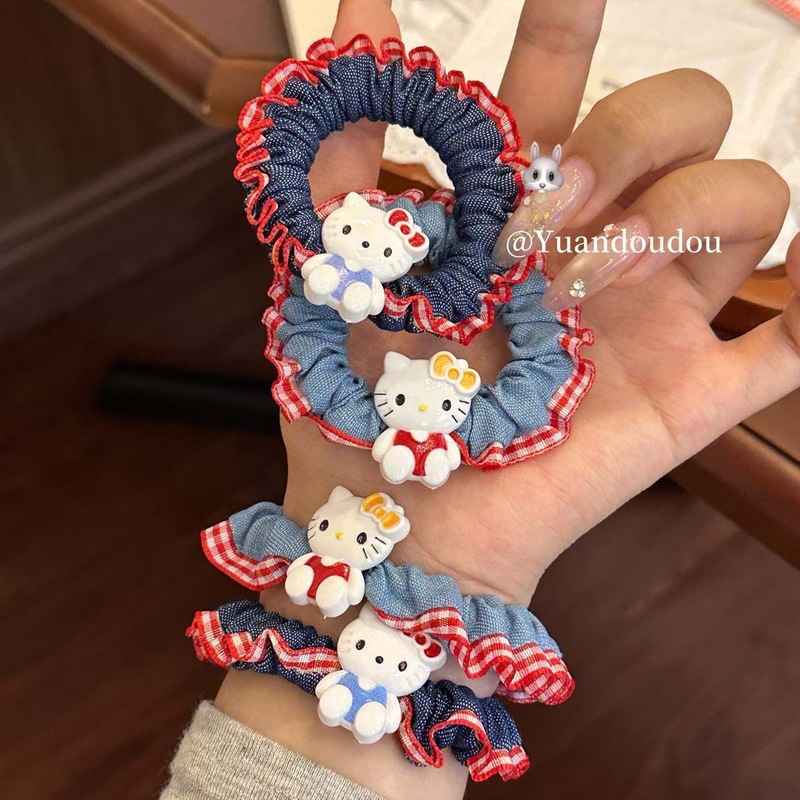 甜美可爱kitty猫牛仔肠圈女孩软萌简约KT小猫发圈扎发高马尾头绳|undefined