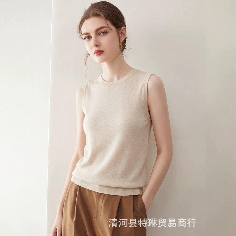 Lyocell Silk Round-Neck Knitted Vest for Women, Summer Thin Style, Comfortable and Slimming Base Layer, Sleeveless Top