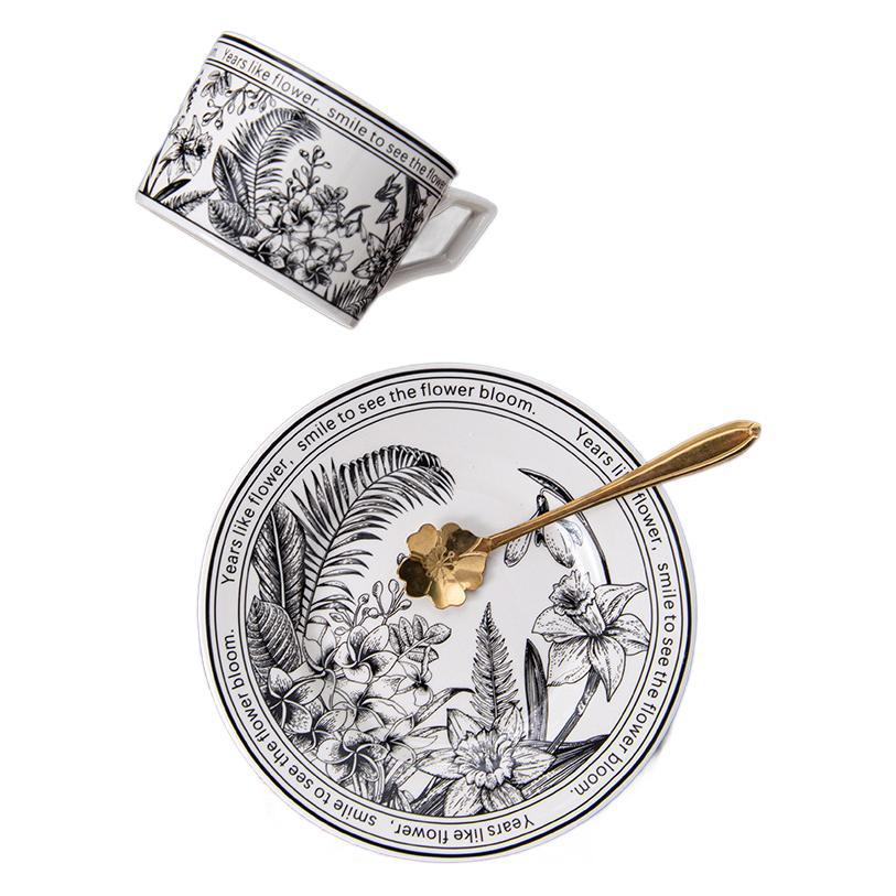 Ins blanco y negro cafetera pequeña taza de café platos de taza de café de alto nivel de estilo y flores caja de regalo para acompañantes de regalo