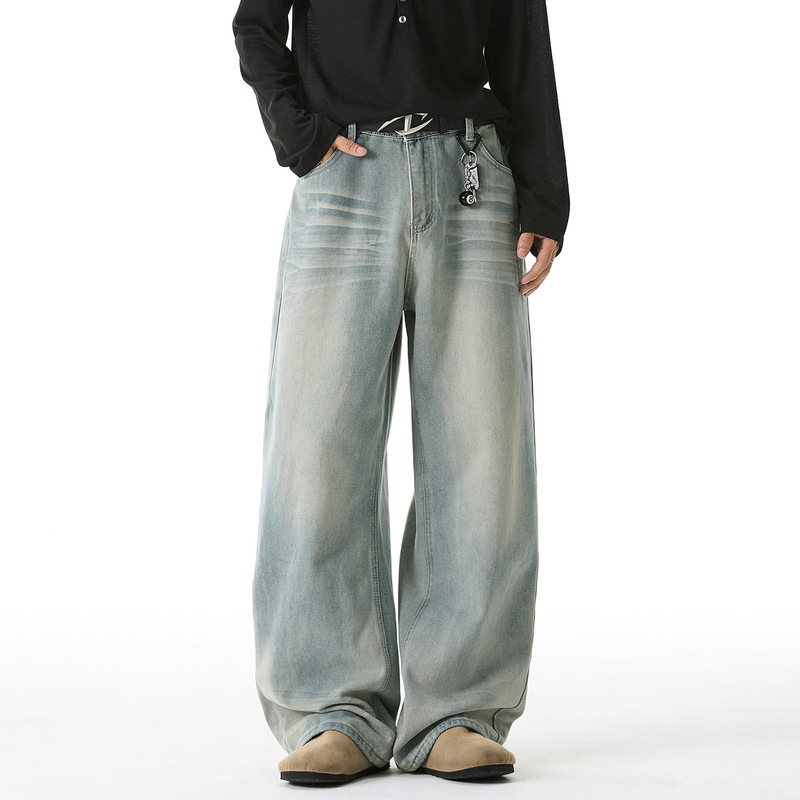 Vintage Washed Three-Dimensional Whiskered Jeans, Autumn Style, High Street American Fashion Brand, Loose Textured Straight-Leg Long Pants