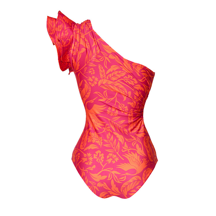 Regular Top Length Women's Sexy Leaf Bird Ruffles One Piece Swimwear