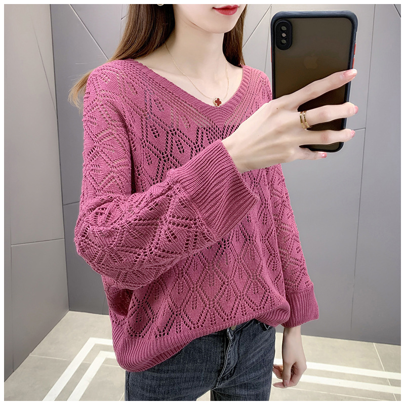 2022 New Autumn and Winter V Neck Hole Cut Out Knitwear Women's Blouse Thin Top Long-sleeved Outer Knitwear for Women