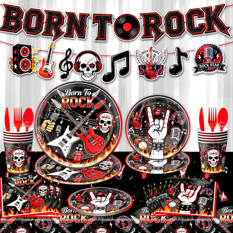 New cross-border rock and roll skull-themed birthday party disposable paper plates, cups, banners, cake toppers, and decorative items