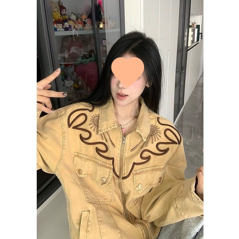 美式复古西部春秋季新款牛仔外套女拉链刺绣夹克宽松个性情侣上衣|undefined
