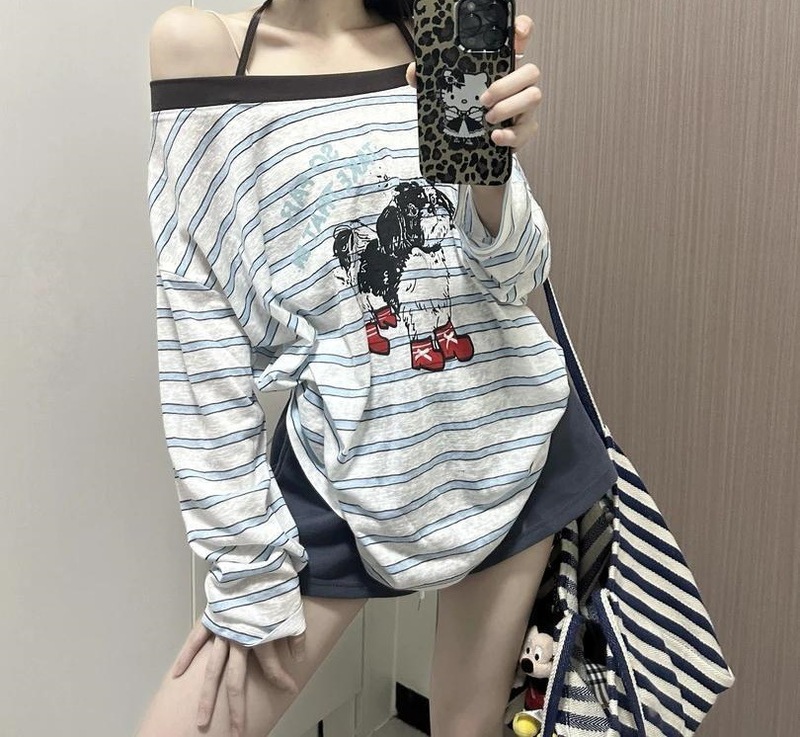 蓝色条纹挂脖一字肩防晒罩衫轻薄上衣宽松慵懒风秋季修身长袖上衣|undefined