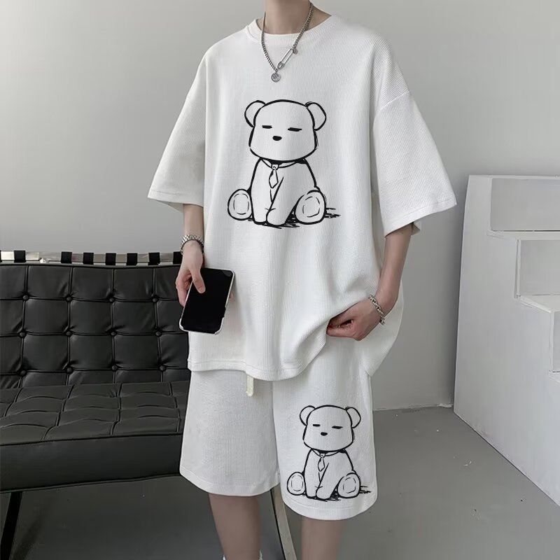 夏のワッフルスポーツスーツメンズオーバーサイズハンサムTシャツショーツツーピースセットトレンディなメンズファッションウェア|undefined