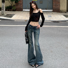 明星同款低腰紧身猫须弹力微喇牛仔裤女秋季新款做旧水洗显瘦长裤