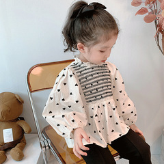 女童春裝2024法式甜美愛心長袖襯衫女寶寶復古泡泡袖上衣娃娃衫潮