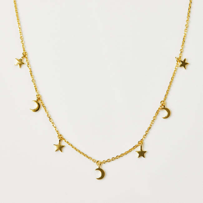 1 Piece Quantity Daily Occasion 925 Sterling Silver Material Star, Moon Pattern 925 Sterling Silver Cable Chain Plating Star Moon Multi Charms Necklace