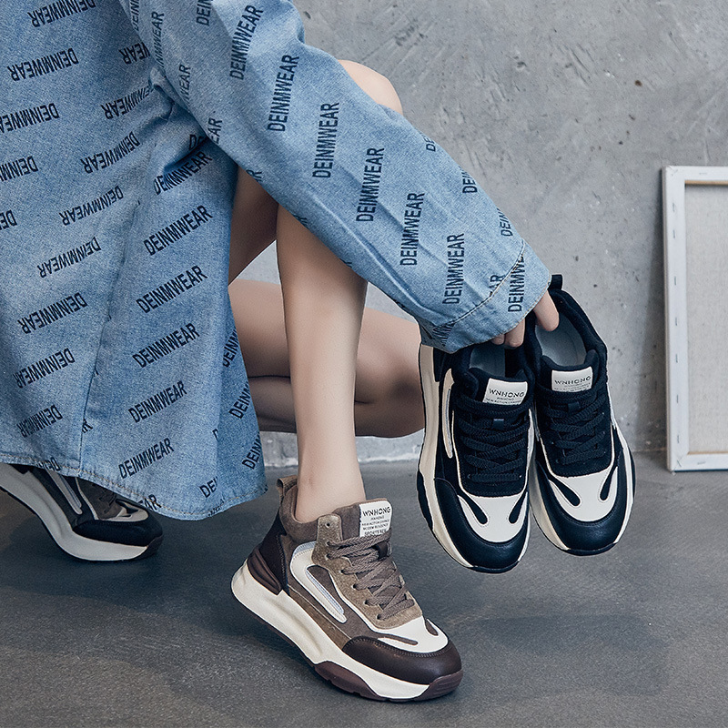 高帮拼色老爹鞋女款2024加绒保暖厚底增高运动鞋女休闲鞋软皮女鞋