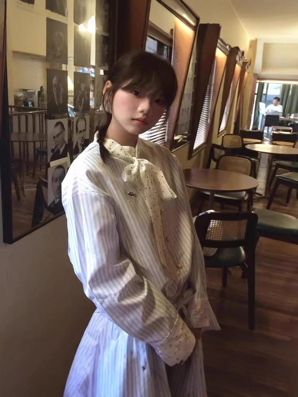 学院风蝴蝶结领带条纹衬衫连衣裙子女秋季小个子韩系穿搭高级感|undefined