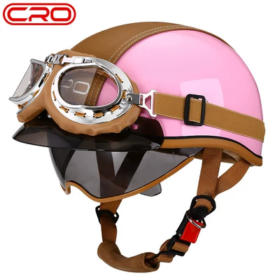 and Electric Bikes, Japanese-Style Helmet, Motosiklet kaskı (dəbilqə) - cro-summer-helmet-pink-transparent-mirror-black-tea-mirror-yellow-leather-goggles-m-55-56cm-head-circumference