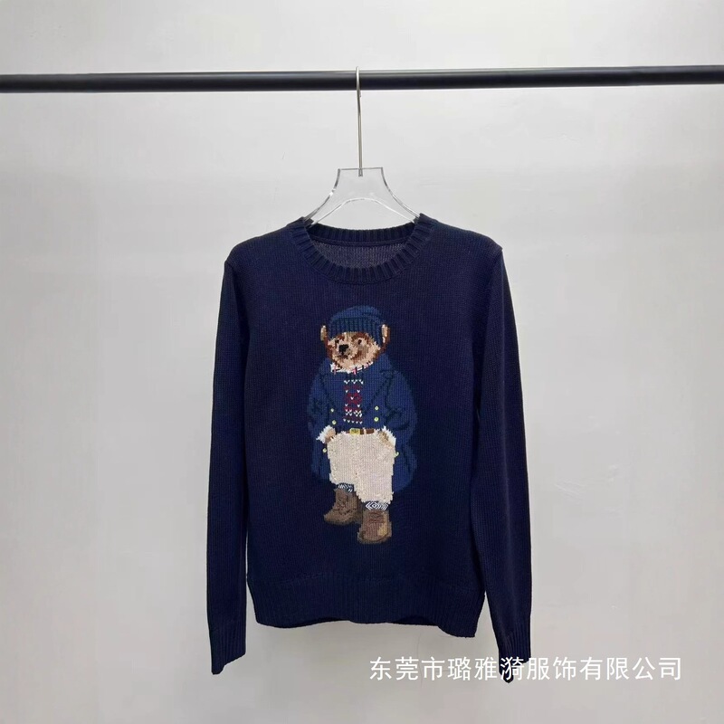 2025 R.L Autumn/Winter New Wool Blend Cartoon Bear Round Neck College Style Youthful Versatile Sweater for Women with Long Embroidery