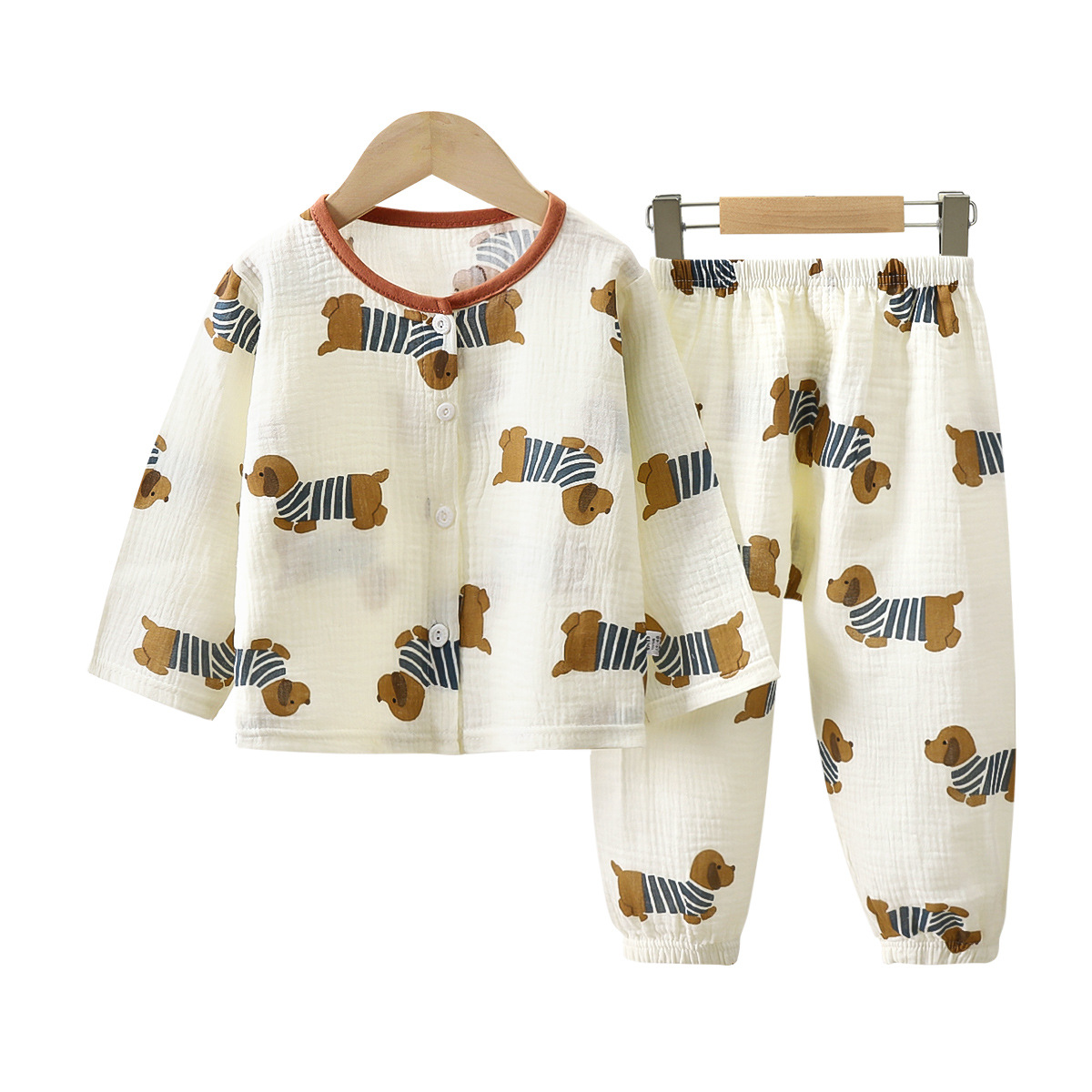 Traje de servicio a domicilio para niños verano nuevo estilo niño hilo de algodón de doble capa pijamas para niñas bebé encaje de algodón ropa para niños