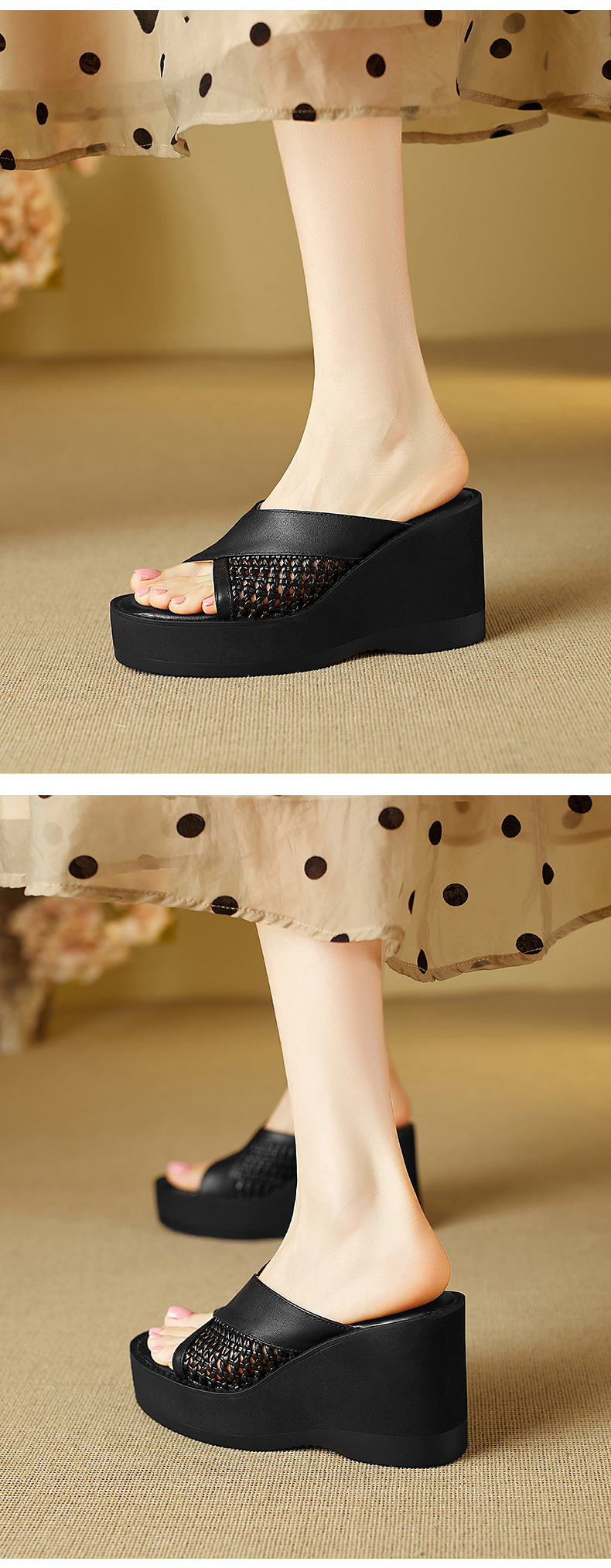 Dép sandal nữ da bò cao gót đế xuồng quai ngang đan — màu đen, màu trắng ngà chi tiết 5