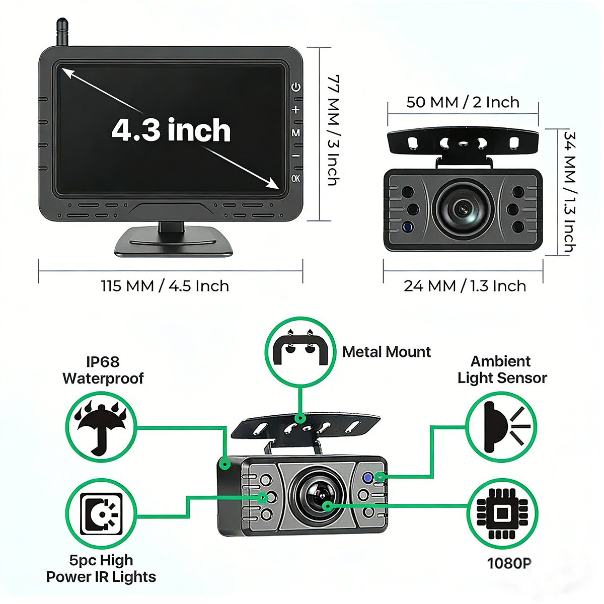 4.3inch Digital Wireless Monitor Truck Caravan Monitoring, Vehicle Monitor Security Monitoring Riding Monitoring