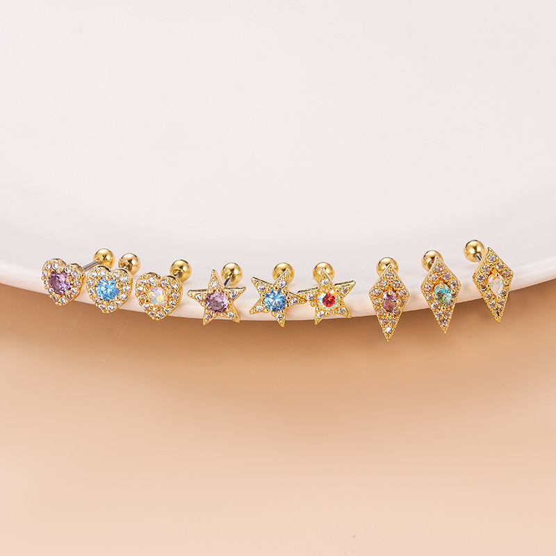 Fashion Star Heart Shape Copper Plating Inlay Zircon Ear Studs 1 Piece